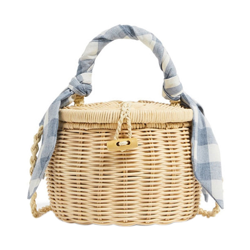 Women Bucket Handbag Scarves Straw Beach Tote Bag With Cover Wicker Mini Basket Shoulder Crossbody Bags - ebowsos