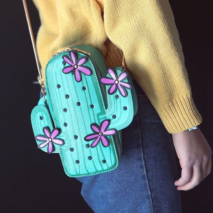 Women Cactus Shape Pu Leather Mini Cross Body Bag Cute Purses Shoulder Chain Bag(Green) - ebowsos