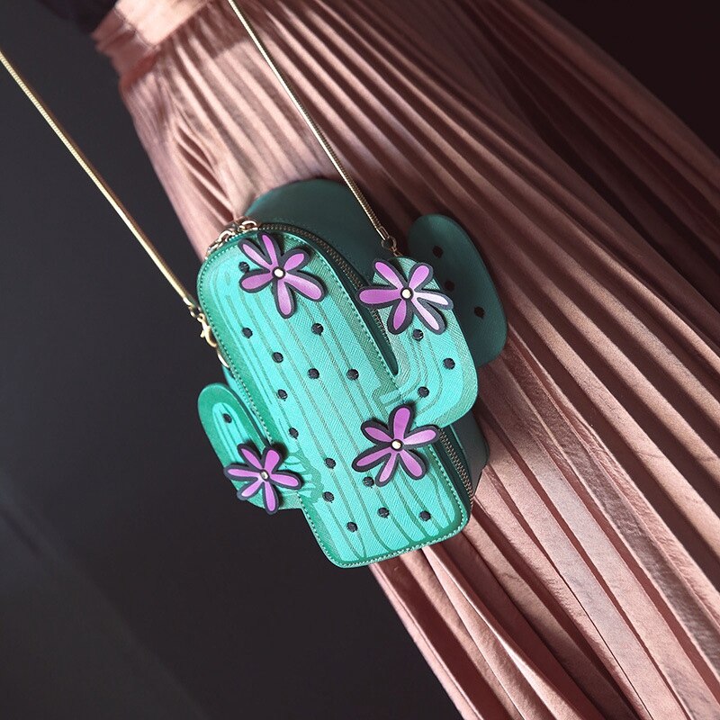 Women Cactus Shape Pu Leather Mini Cross Body Bag Cute Purses Shoulder Chain Bag(Green) - ebowsos