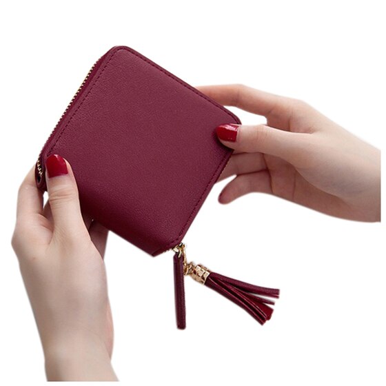 Women Card Holder Solid Color Tassel Pendant Coin Cash Purse PU Leather Short Square Wallet - ebowsos