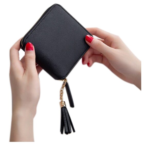 Women Card Holder Solid Color Tassel Pendant Coin Cash Purse PU Leather Short Square Wallet - ebowsos