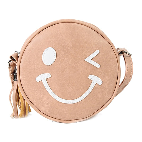 Women Circular Smile Face PU leather Shoulder Bag Women Messenger Bag Circle Crossbody Bags Women Handbag Round(gray) - ebowsos