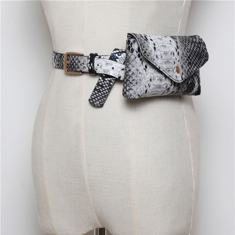 Women Fanny Pack Vintage Serpentine Waistpack Pu Phone Pouch Fashion Snake Skin Waist Bag Messenger Bags - ebowsos