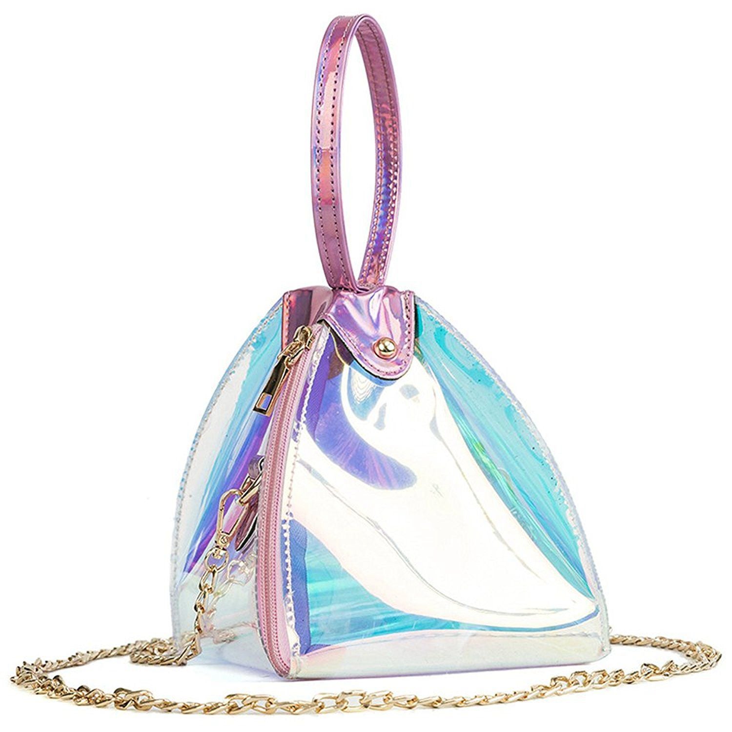 Women Fashion Transparent PVC Hologram triangular Handbag Laser-Totes Chain Mini Casual Purse Shoulder Bag Crossbody Bag - ebowsos