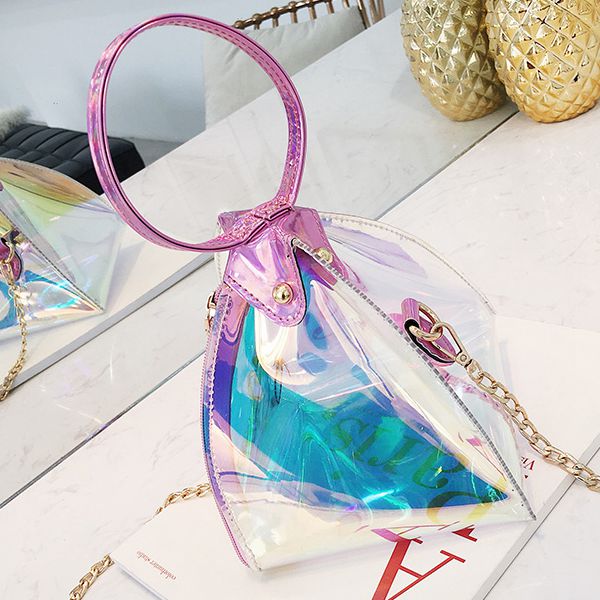 Women Fashion Transparent PVC Hologram triangular Handbag Laser-Totes Chain Mini Casual Purse Shoulder Bag Crossbody Bag - ebowsos