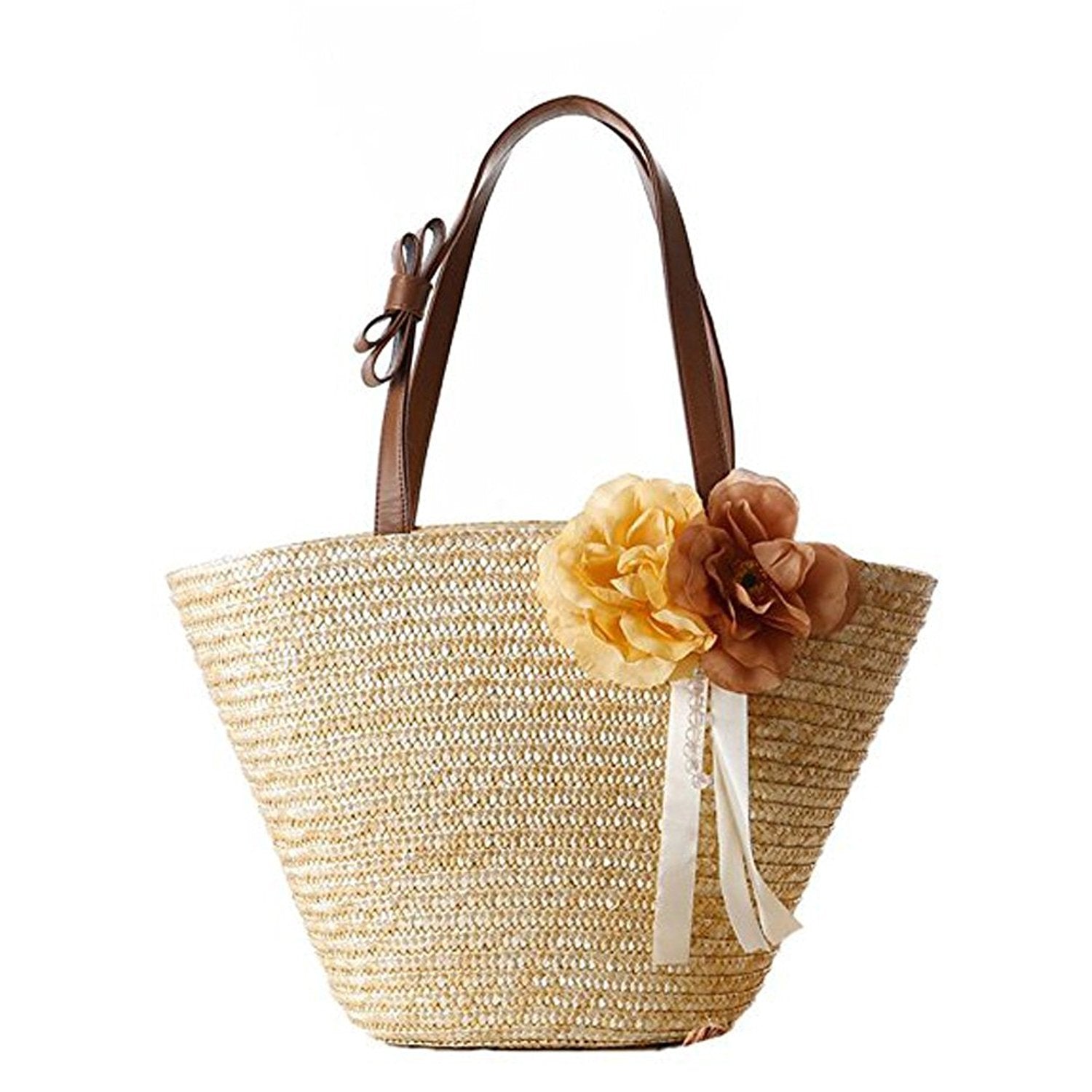 Women Flower Bow Ribbon Handle Woven Beach Straw Shoulder Handbags(primary color) - ebowsos