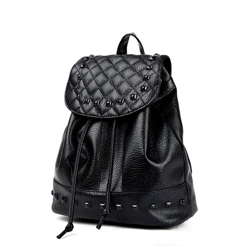 Women Korean Style PU Leather Casual Backpack Rivet Travel Bag School Bag Black - ebowsos