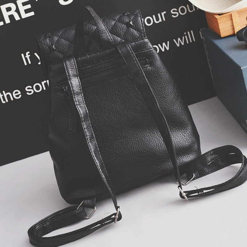 Women Korean Style PU Leather Casual Backpack Rivet Travel Bag School Bag Black - ebowsos