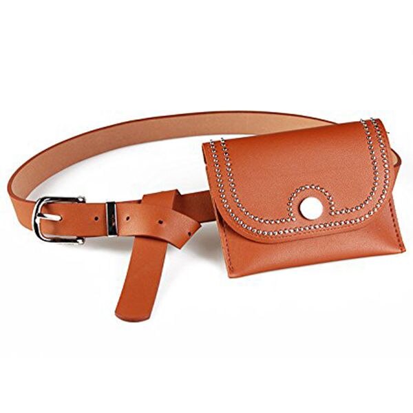 Women Leather Vertical Rivets Fanny Pack Removable Belt With MINI Purse Travel Cell Phone Bag - ebowsos