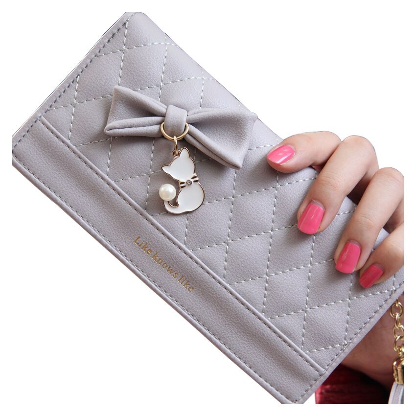 Women Long section Bow Cat tassel Pendant Two fold Coin Purse - ebowsos