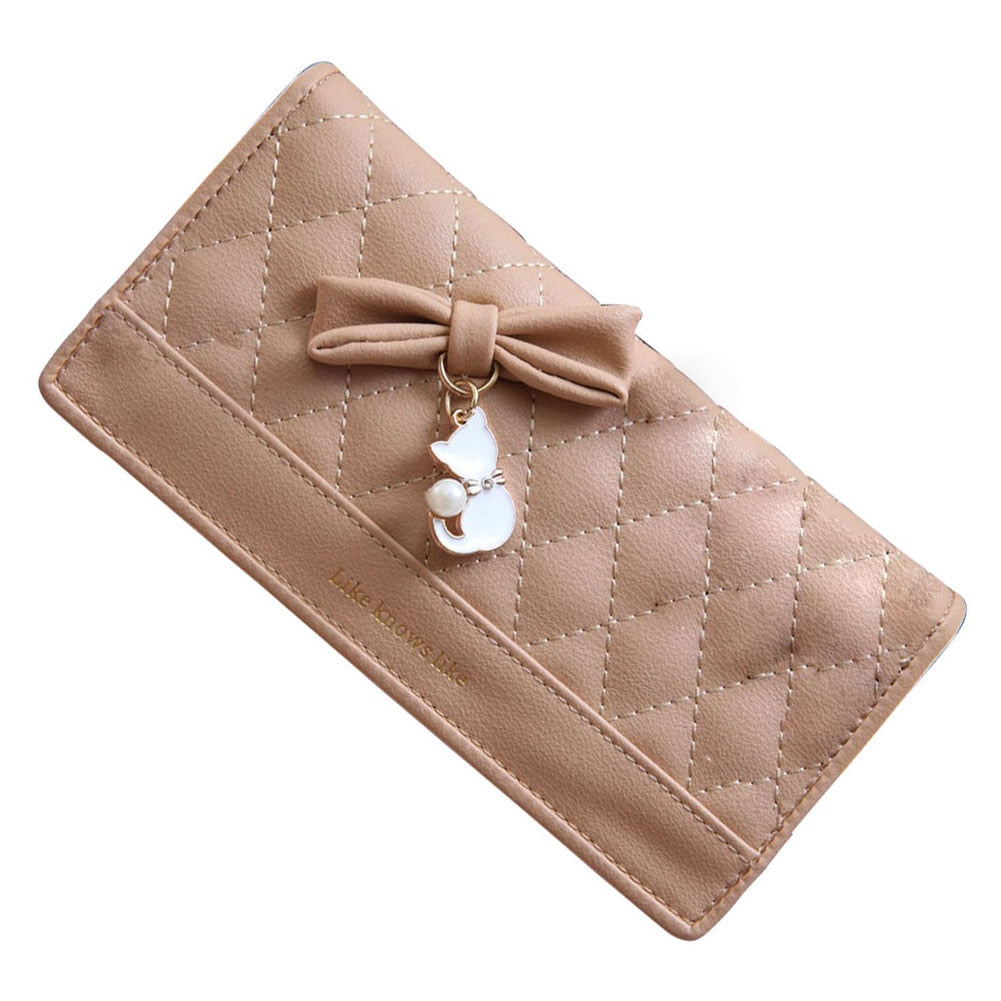 Women Long section Bow Cat tassel Pendant Two fold Coin Purse - ebowsos