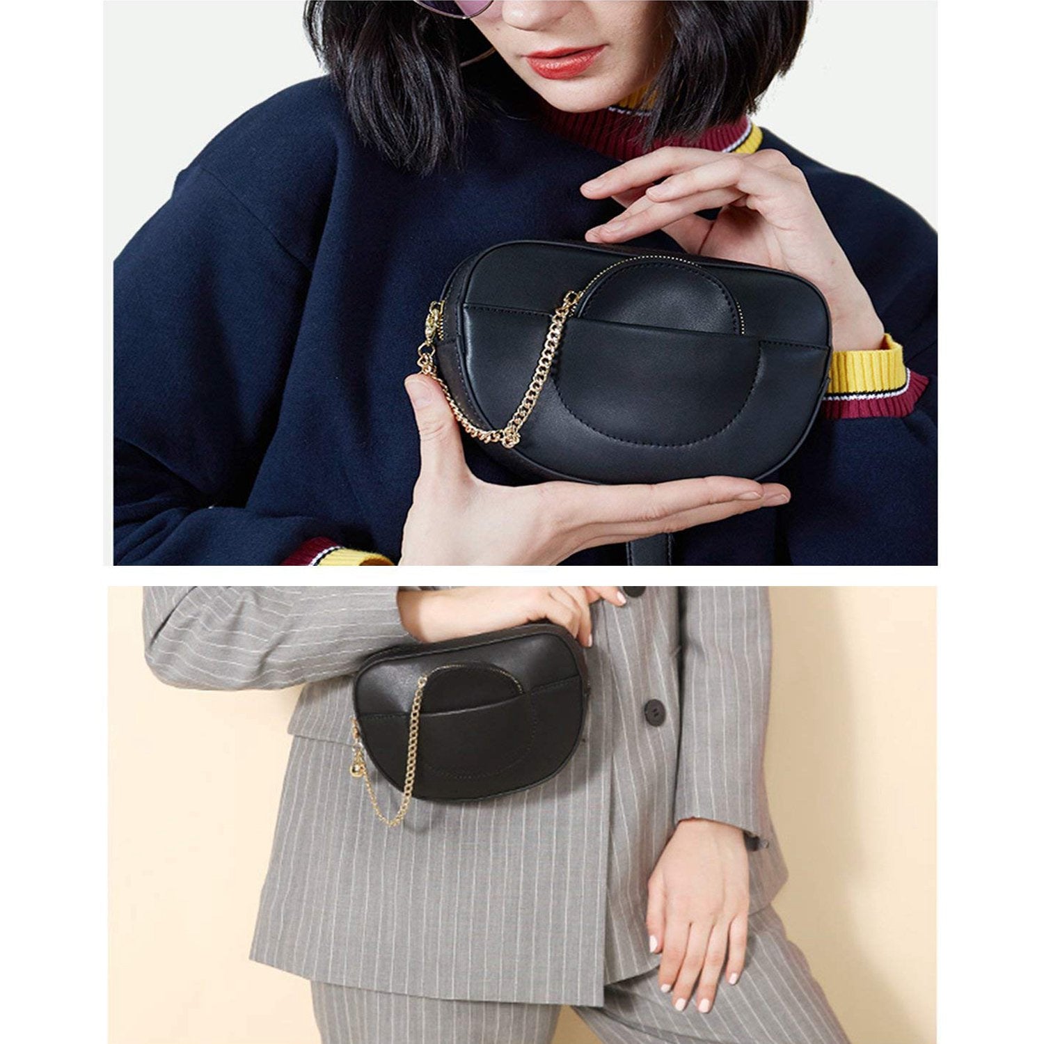 Women Mini Waist Bag Fashion Fanny Packs PU Leather Cell Phone Pocket Purse (BLACK) - ebowsos