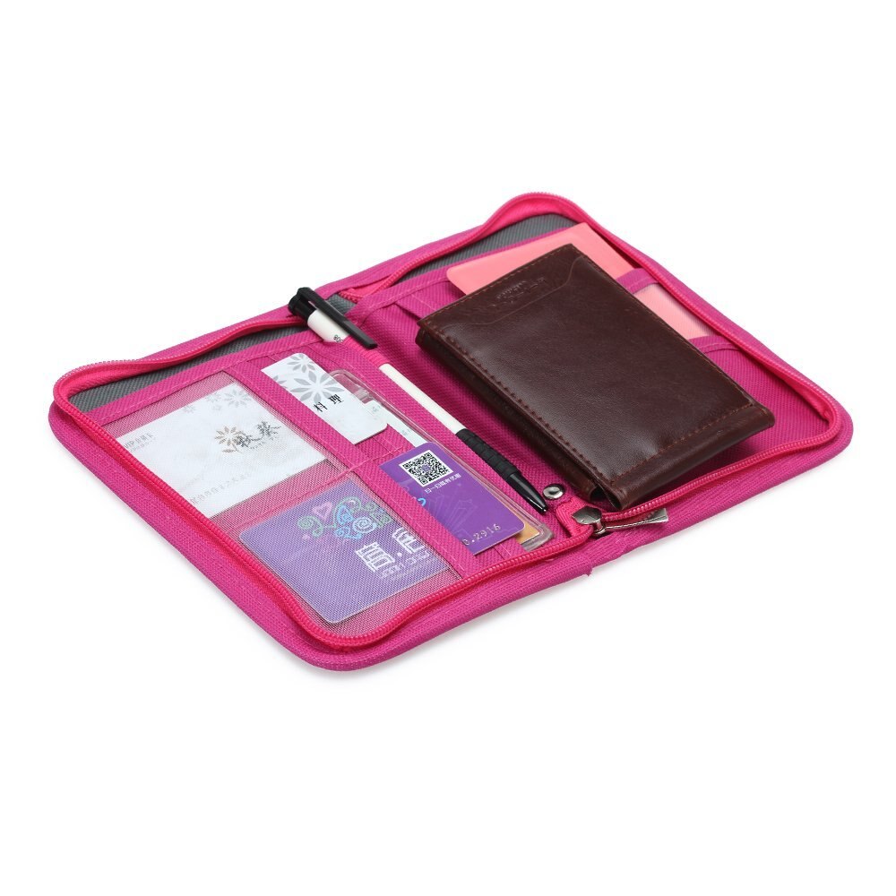 Women Multifunctional Canvas Clutch Bag Wallet Card Passport Holder Fuchsia - ebowsos