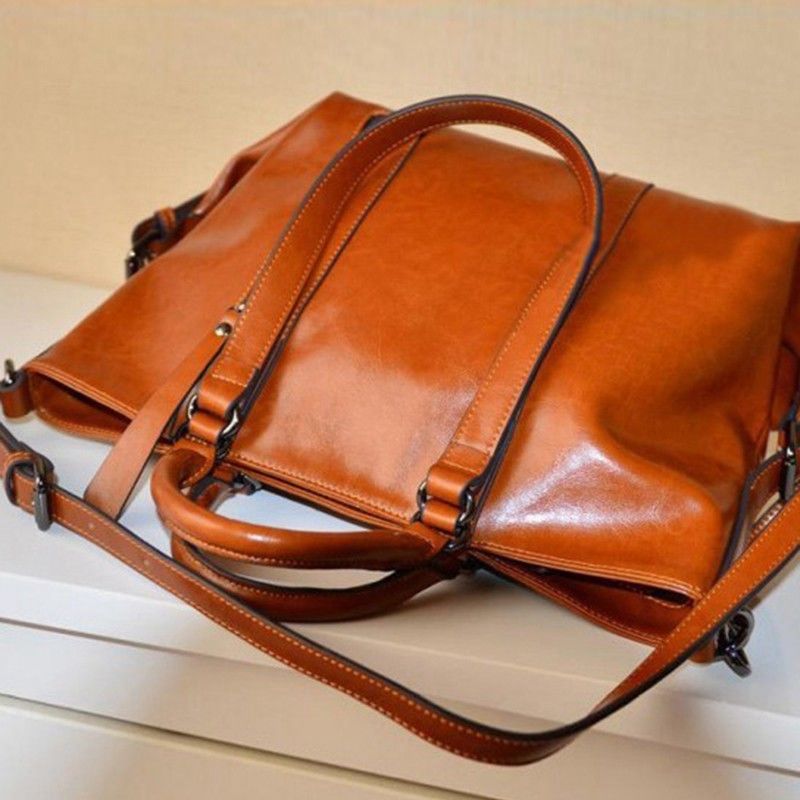 Women Oiled Leather Tote Handbag Purse Lady Messenger Shoulder Bag Satchel - ebowsos