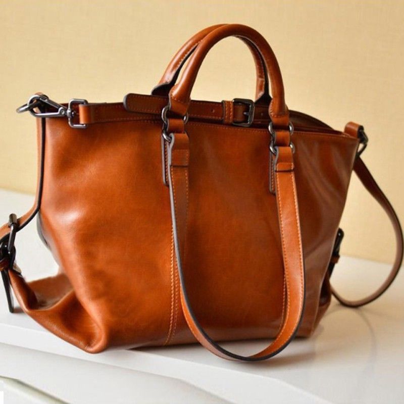 Women Oiled Leather Tote Handbag Purse Lady Messenger Shoulder Bag Satchel - ebowsos
