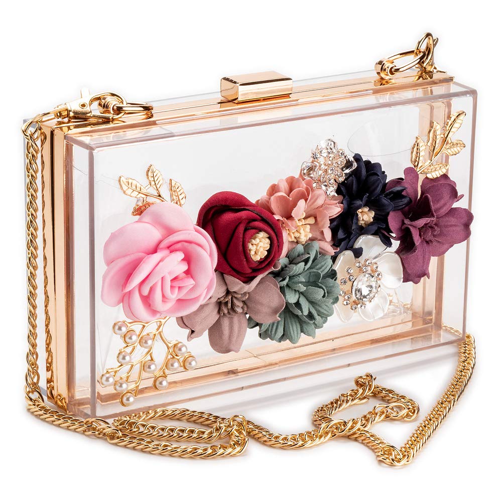 Women PVC+ fabric Flower Clutches Crossbody Floral Purse With Gold Chain Pearls Beaded Evening Bags For Wedding Prom Banq - ebowsos