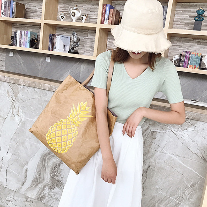 Women Retro Kraft Paper Casual Tote Female Wrinkled Shoulder Bag Simple Solid Shopping Bag Handbag - ebowsos