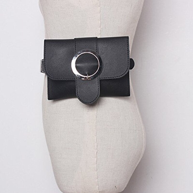 Women Round Buckle Leather Fanny Pack,Removable Round buckle Belt With MINI Purse Travel Cell Phone Bag - ebowsos