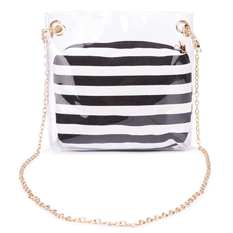 Women'S Composite Bag Metal Chain Pvc Transparent Shoulder Bag Striped Wallet - ebowsos