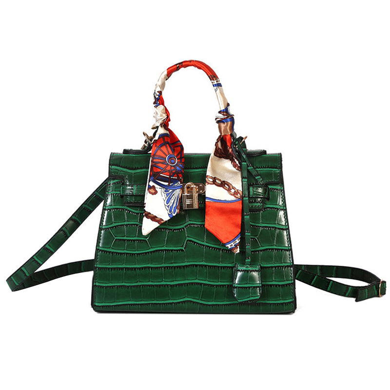 Women'S Crocodile Leather Shoulder Bag Ladies Pu Leather Handbag Silk Scarf Diagonal Bag Luxury Handbag Female - ebowsos