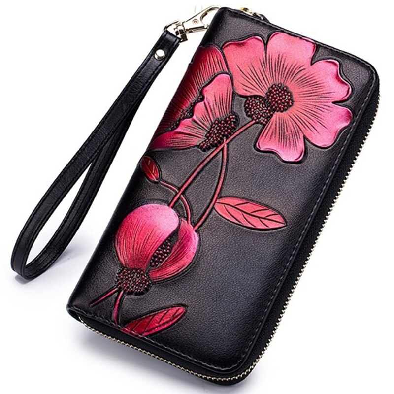 Women'S Elegant Floral Leather Wallet Fashion Long Ladies Clutch Bag Multi-Function Coin Purse - ebowsos