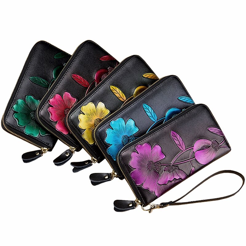 Women'S Elegant Floral Leather Wallet Fashion Long Ladies Clutch Bag Multi-Function Coin Purse - ebowsos