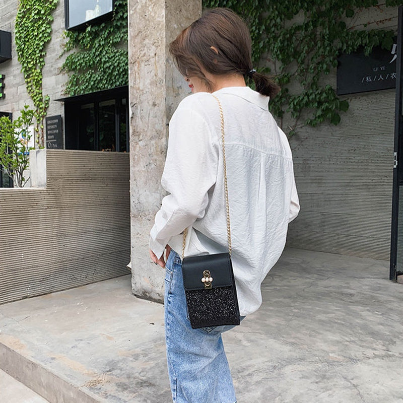 Women'S Fashion Small Square Bag Sequin Chain Shoulder Bag Messenger Bag Mobile Phone Bag Purse Handbag - ebowsos