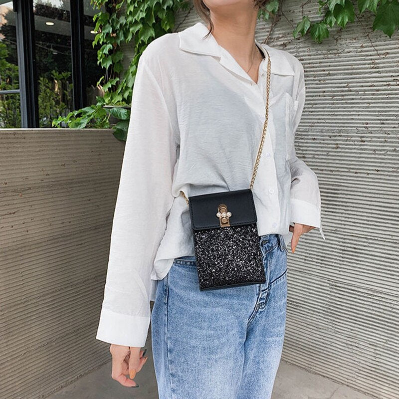 Women'S Fashion Small Square Bag Sequin Chain Shoulder Bag Messenger Bag Mobile Phone Bag Purse Handbag - ebowsos