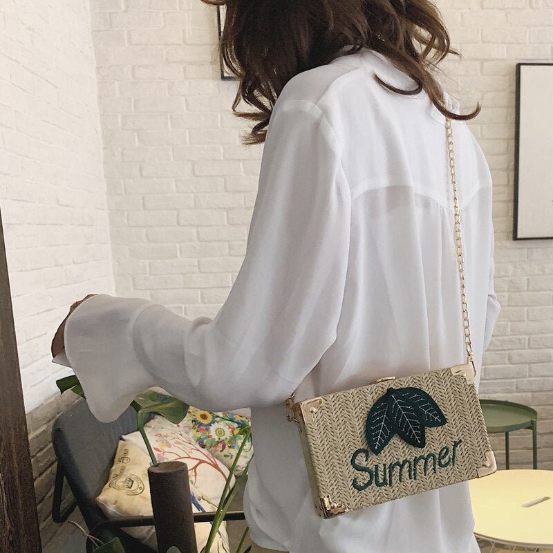Women'S Small Bag Fashion Straw Woven Shoulder Bag Buckle Chain Messenger Bag Chain Multifunction Mobile Phone Bag - ebowsos