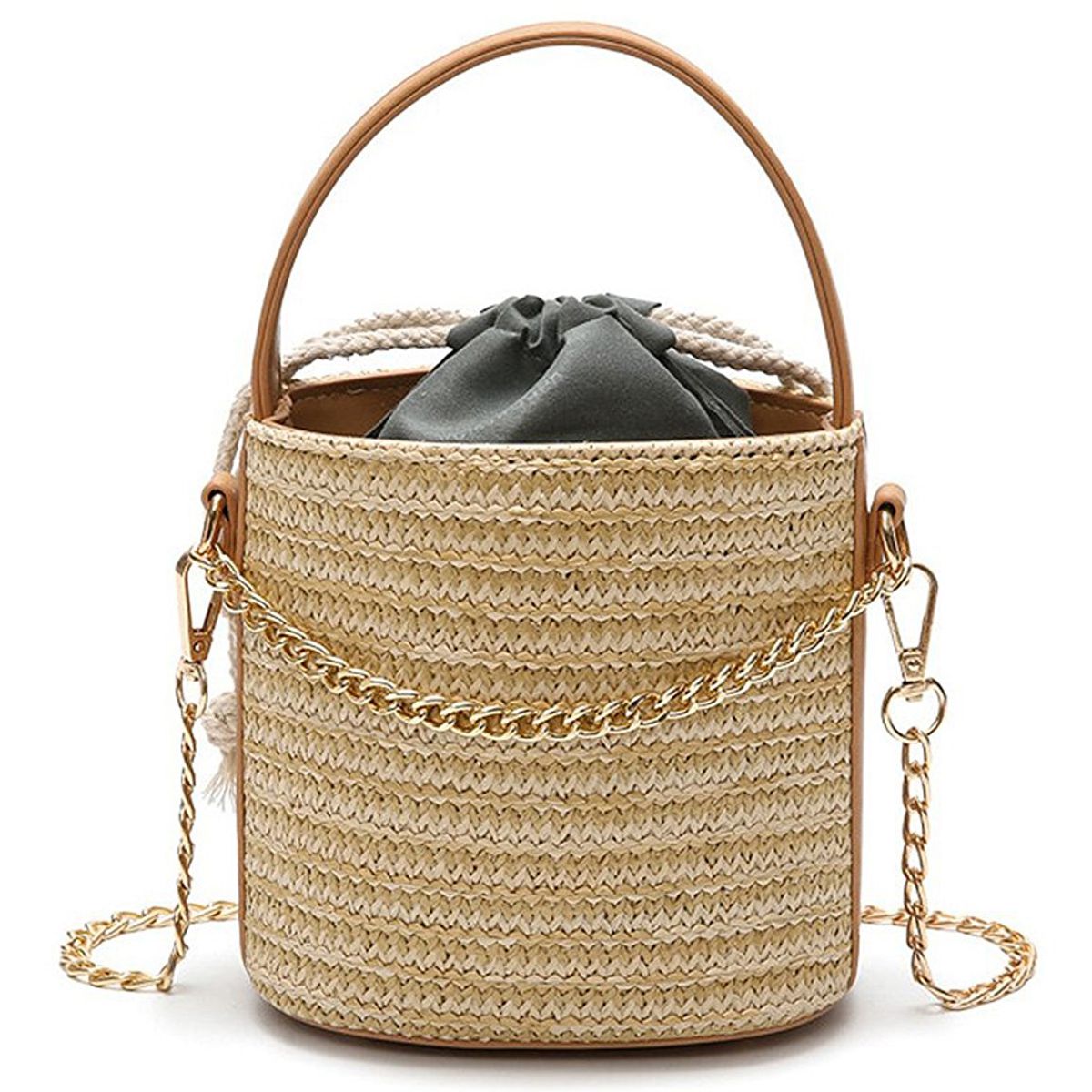 Women Straw Handbag Tote Summer Holiday Woven Bucket Bag Leisure Chain Shoulder Bag Crossbody Bag - ebowsos