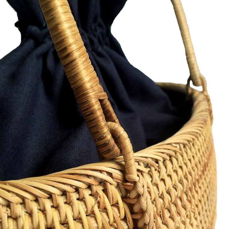 Women Vintage Straw Bag Female Handmade Weave Handbag Bohemian Ladies Rattan Basket Travel Summer Beach Drawstring Tote - ebowsos