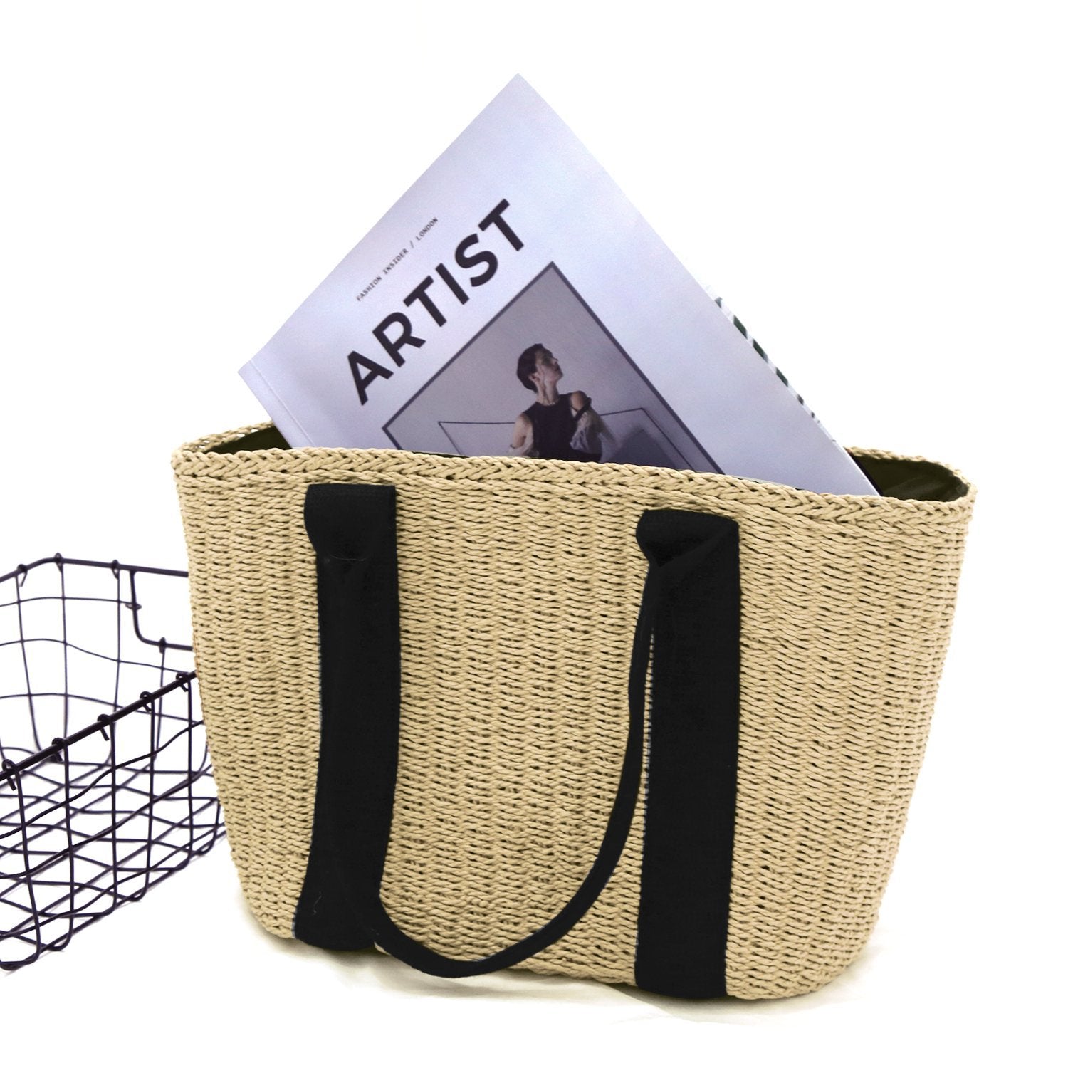 Women handbag Polyester cotton+paper rope For Holiday, Beach, Leisure High-capacity Tote Bag - ebowsos