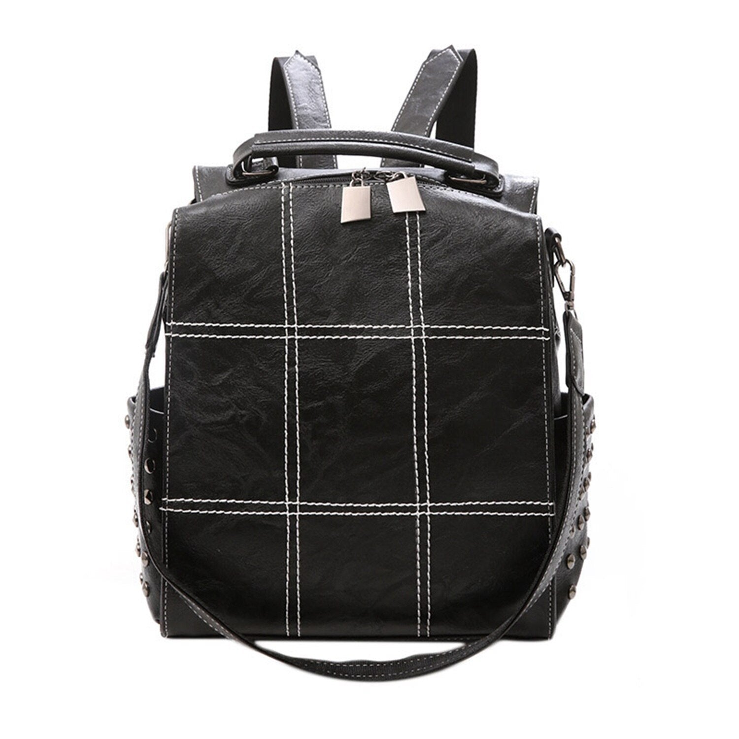 Women's Large Leather Backpack Female Teenage Girl School Backpack Vintage Rivet Bag Mochila Solid Shoulder Bag - ebowsos