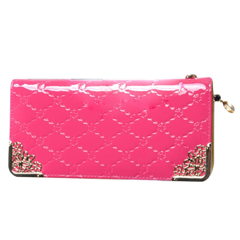 Women's Long section  fashion High capacity Quilted Patent leather clutch Rose red - ebowsos