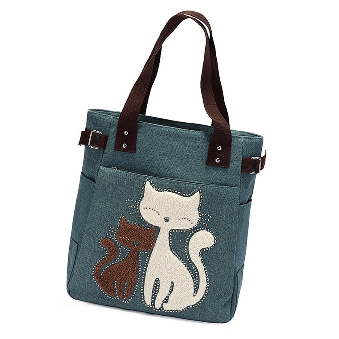 Women's messenger handbag canvas bag with cute cat small shopping shoulder bag Green - ebowsos