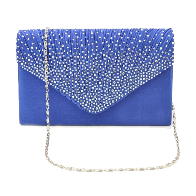 Womens Silk face Diamond Clutches Shoulder Bag Evening Bridal Prom Satchel Chain Handbag(sapphire blue) - ebowsos