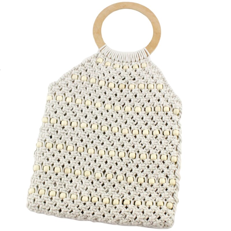 Woven Bag Design Beaded Cotton Rope Bag Holiday Handbag Bucket Beach Straw Bag - ebowsos