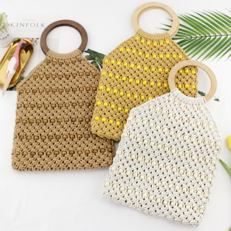 Woven Bag Design Beaded Cotton Rope Bag Holiday Handbag Bucket Beach Straw Bag - ebowsos