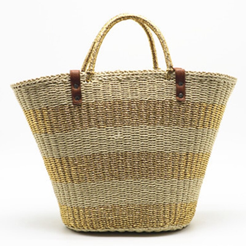 Woven Bag Handmade Straw Woven Beach Bag Handbag Summer Gold Silver Stripe Handbag Weave Large Handbag - ebowsos