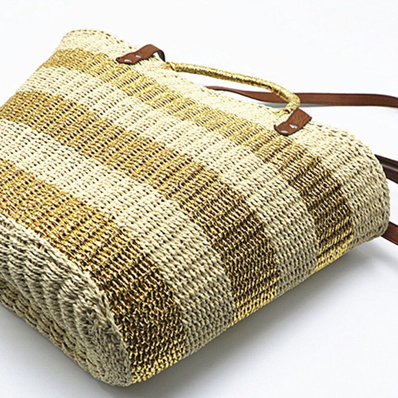 Woven Bag Handmade Straw Woven Beach Bag Handbag Summer Gold Silver Stripe Handbag Weave Large Handbag - ebowsos
