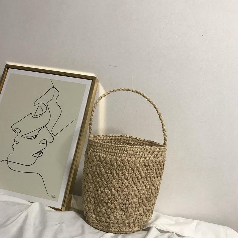 Woven Bag Manual Straw Knit Beach Totes Bag Bucket Summer Striped Women Handbag Braided Large Basket Bag - ebowsos