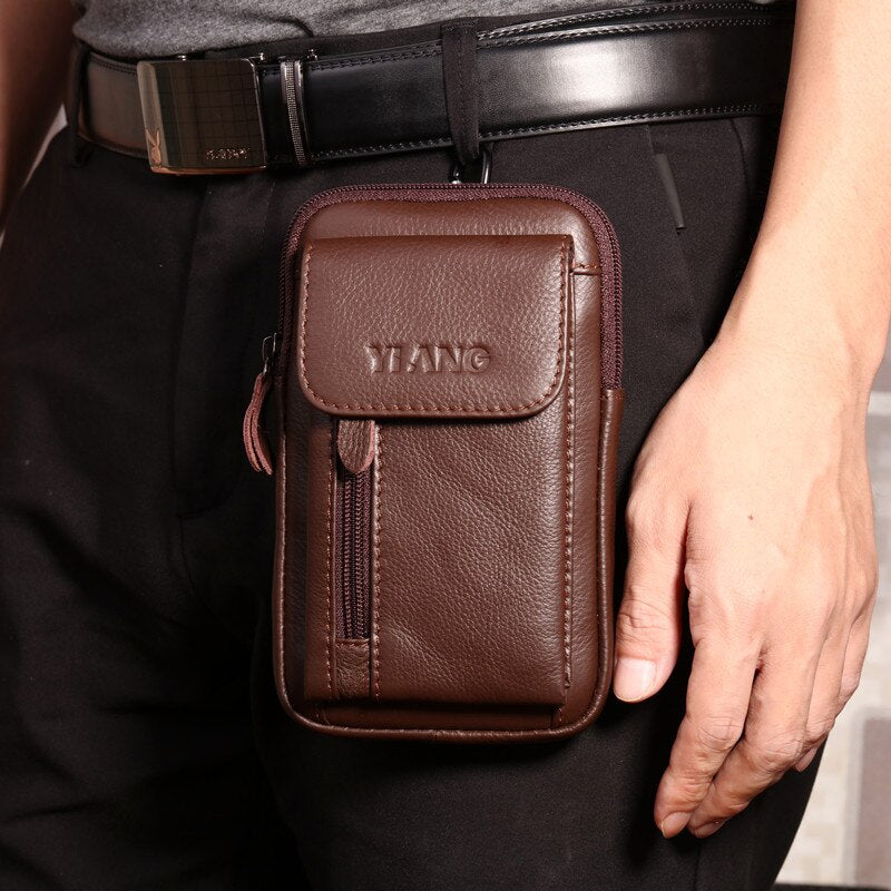 YIANG Men Fanny Waist Hook Pack Small Messenger Shoulder Bags Genuine Leather Cell Mobile Phone Case Pack Cross Body Belt - ebowsos