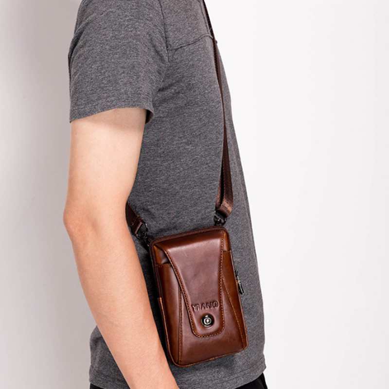 Yiang Men Crossbody Cell Phone Case Waist Belt Pack Bag Purse Hook Vertical Male Genuine Leather Small Shoulder Fanny Mes - ebowsos