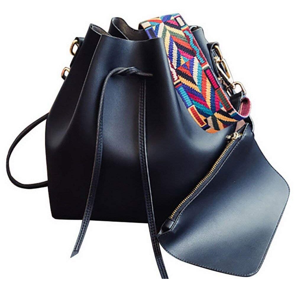 black Strap Large Capacity Leather Shoulder Handbags Bucket bags - ebowsos
