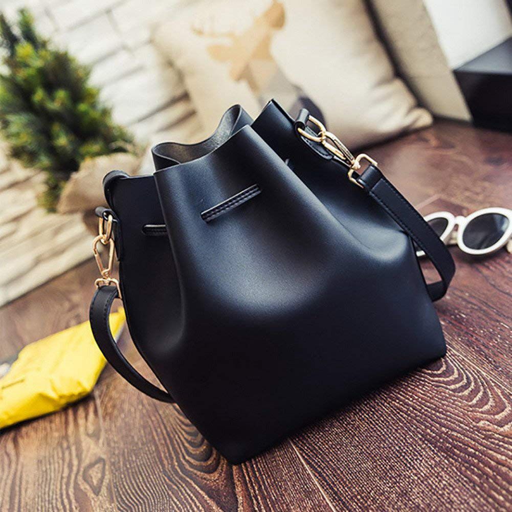 black Strap Large Capacity Leather Shoulder Handbags Bucket bags - ebowsos