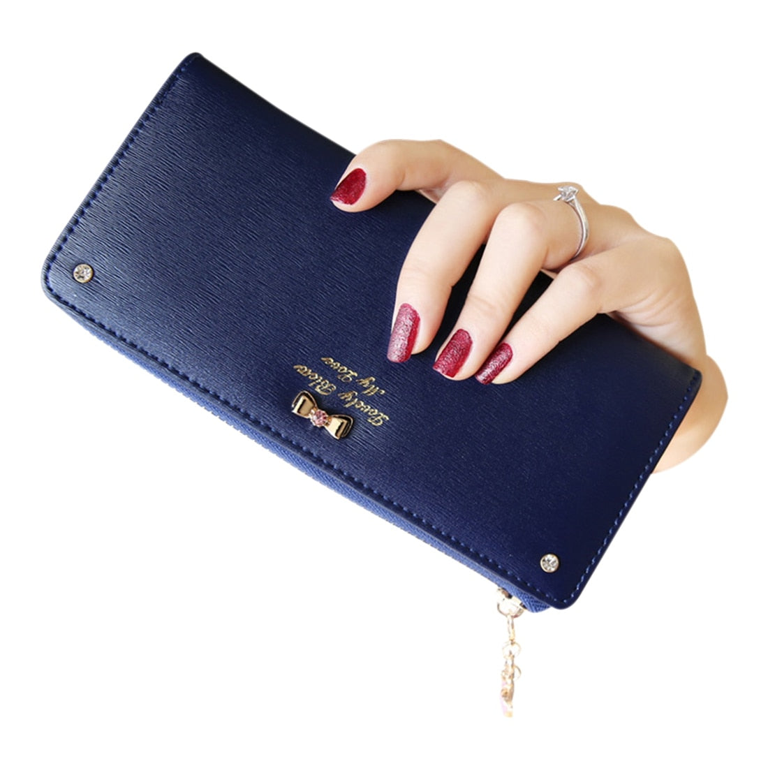 bowknot pendant PU Leather Long Design Women Wallet Coin Purse Ladies Handbag Day Clutch Bag(Navy Blue) - ebowsos
