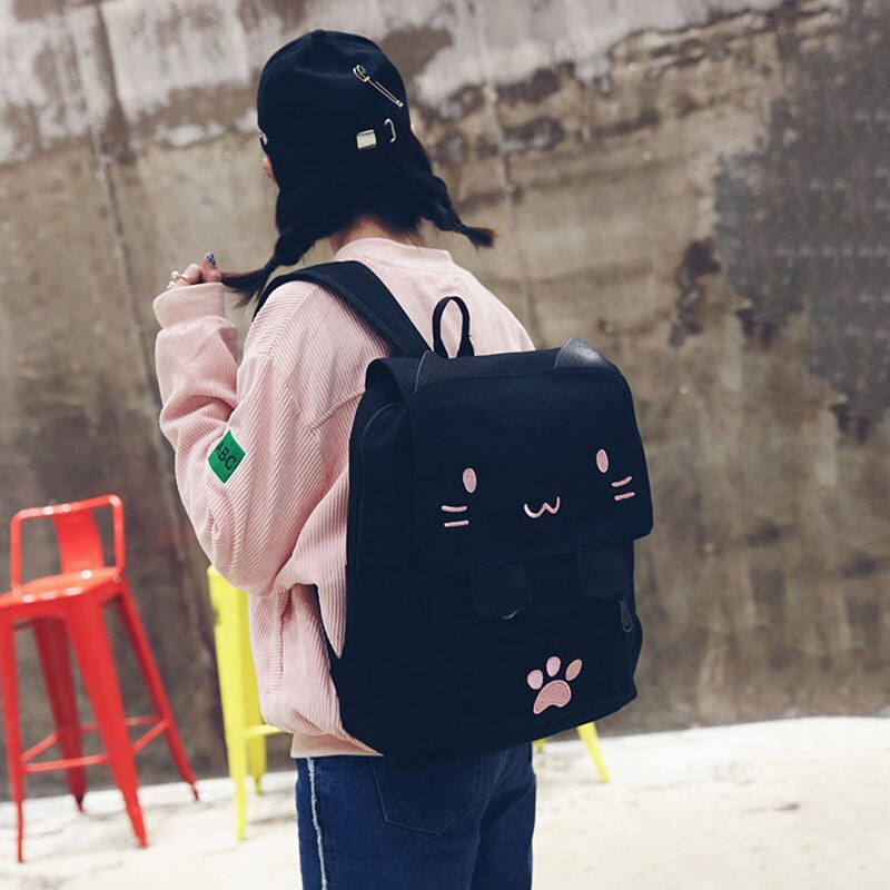 fashion Cute Cat Embroidery Canvas Student bag Cartoons Women Backpack Leisure School bag black&pink - ebowsos