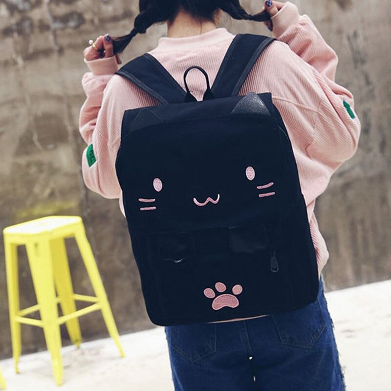 fashion Cute Cat Embroidery Canvas Student bag Cartoons Women Backpack Leisure School bag black&pink - ebowsos
