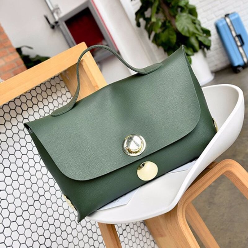 new Boston Handbag Women'S Big Round Button Lock Tote Bag Large Size Elegant Lady-green - ebowsos
