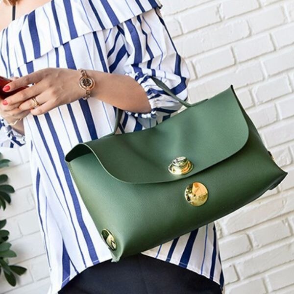 new Boston Handbag Women'S Big Round Button Lock Tote Bag Large Size Elegant Lady-green - ebowsos